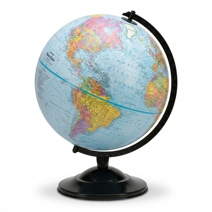 A photorealistic studio product photograph of the Replogle World Nation Series 12" blue ocean globe, centered on a white background. The right side of the globe is emphasized, showing North and South America, and the black metal meridian and base are clearly visible with a soft shadow.