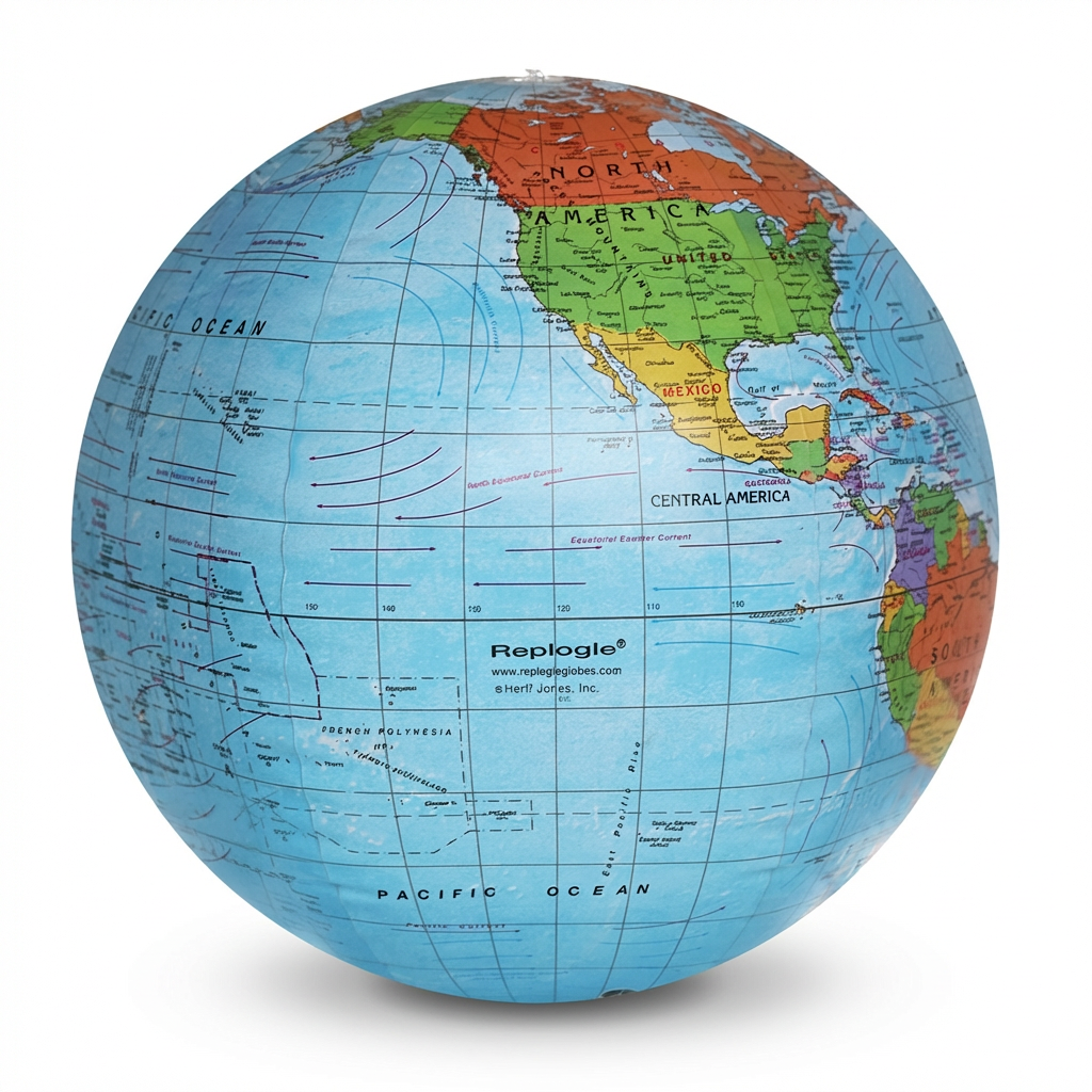 A photorealistic studio product photograph of the blue inflatable Replogle globe, angled to show the left side. It is centered on a pure white background with a soft, natural shadow.