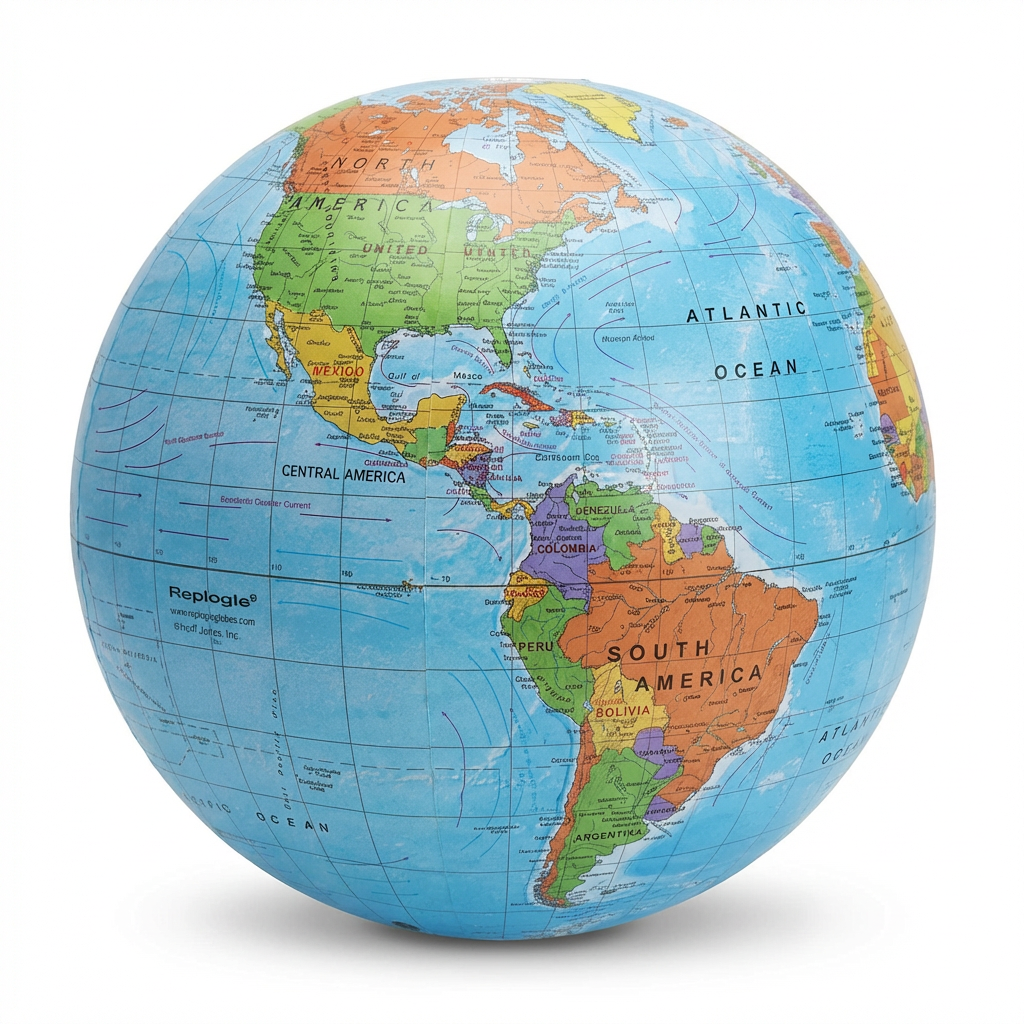 A photorealistic studio photograph of the Replogle Inflatable Blue Ocean Globe, angled to the right on a white background with a soft shadow.