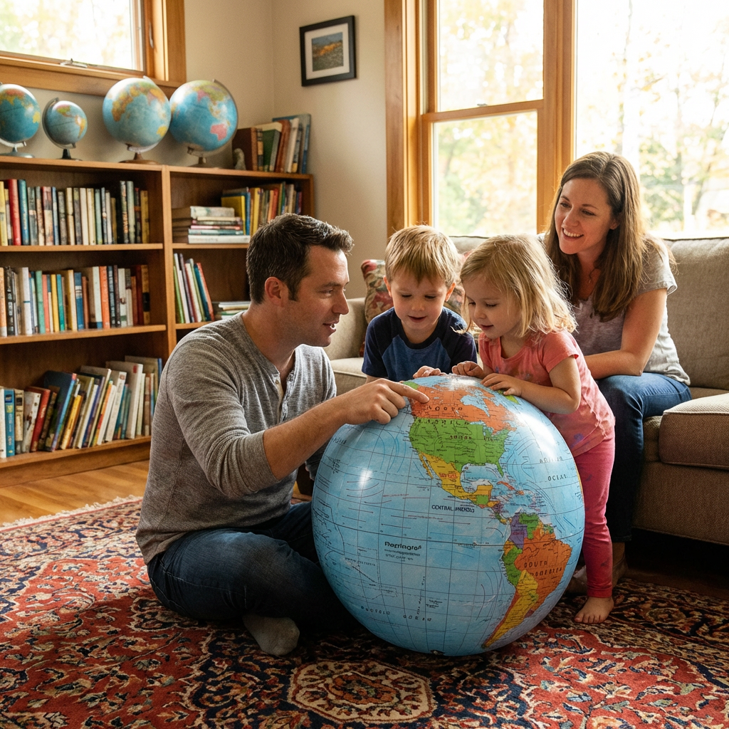 A photorealistic lifestyle photograph shows a family of four gathered around the large Replogle inflatable globe in a cozy, sunlit living room, with the father pointing to a country.