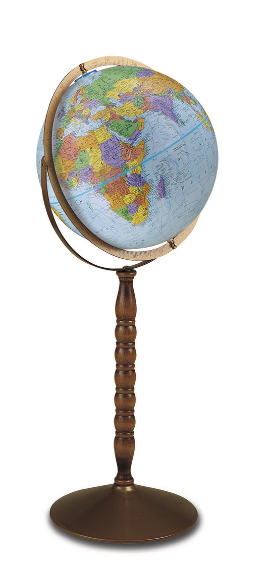 12-inch blue ocean globe with political map and brass meridian on a tall turned wood pedestal stand.