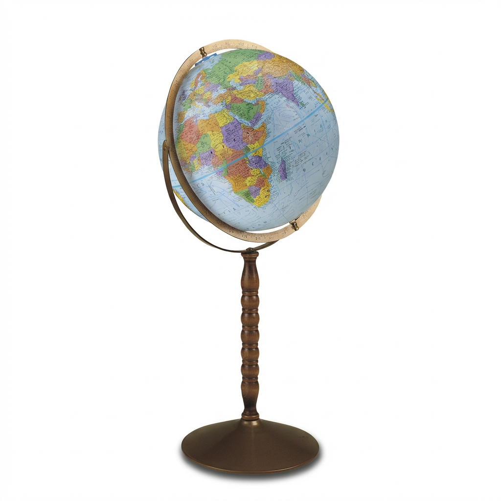 A studio product photograph of the Replogle Treasury Globe on its dark wood stand, centered on a pure white background with a soft shadow. The globe is angled to show the right side.