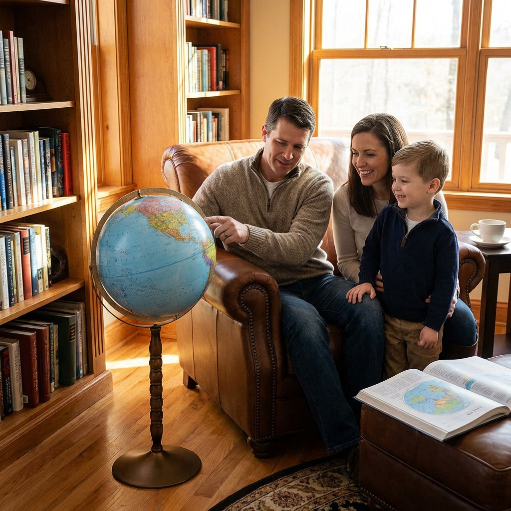 A photorealistic photo of a family in a home library. A man, woman, and child smile as they look at a Replogle Treasury globe.