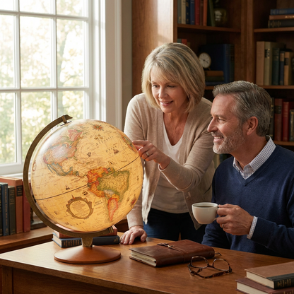 A couple in a home library smiles and points at the illuminated Replogle Odessa globe on a desk.