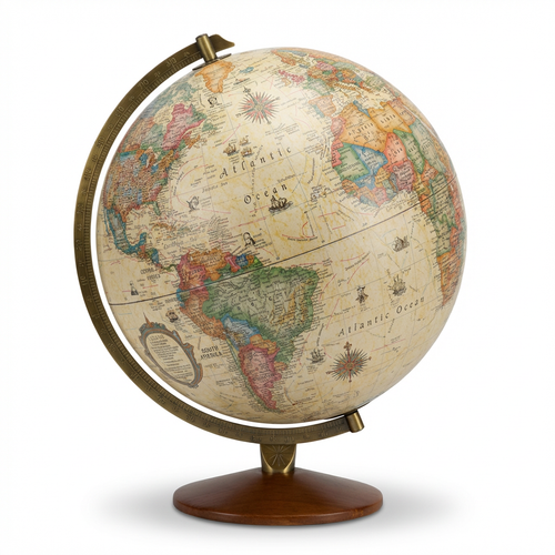 A photorealistic studio photograph of the Replogle Odessa antique desk globe, angled right on a white background.