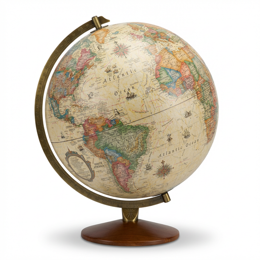 A photorealistic studio photograph of the Replogle Odessa antique desk globe, angled right on a white background.