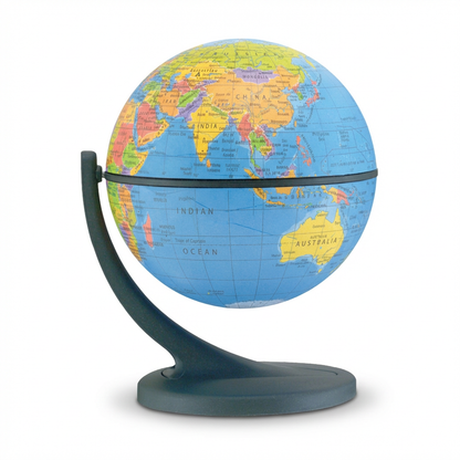 A photorealistic studio product photograph of the Replogle Wonderglobe 4.3" desk globe. The blue ocean globe is angled to show the right side, displaying Asia and Australia. It is centered on its dark grey stand against a pure white background with a soft shadow.