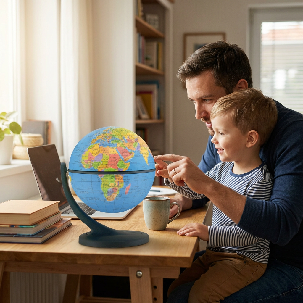 A father and son sit together at a wooden desk, looking at the Replogle Wonderglobe. The father points to a country on the globe, and the son smiles, pointing with him. The globe is placed on the desk among books and a mug.