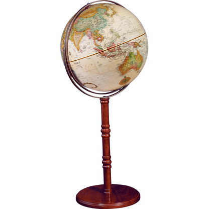 Antique ocean floor globe with a beige map on a tall, elegant wooden floor pedestal.