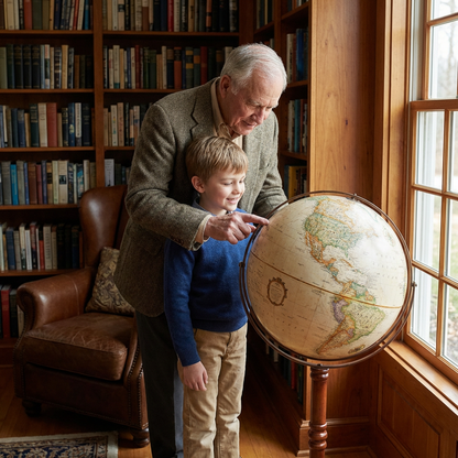 A grandfather and grandson examine a Replogle floor globe in a warm, sunlit home library.