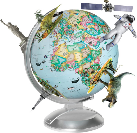 Kids' interactive AR world globe with 3D overlays of dinosaurs, an astronaut, and landmarks.
