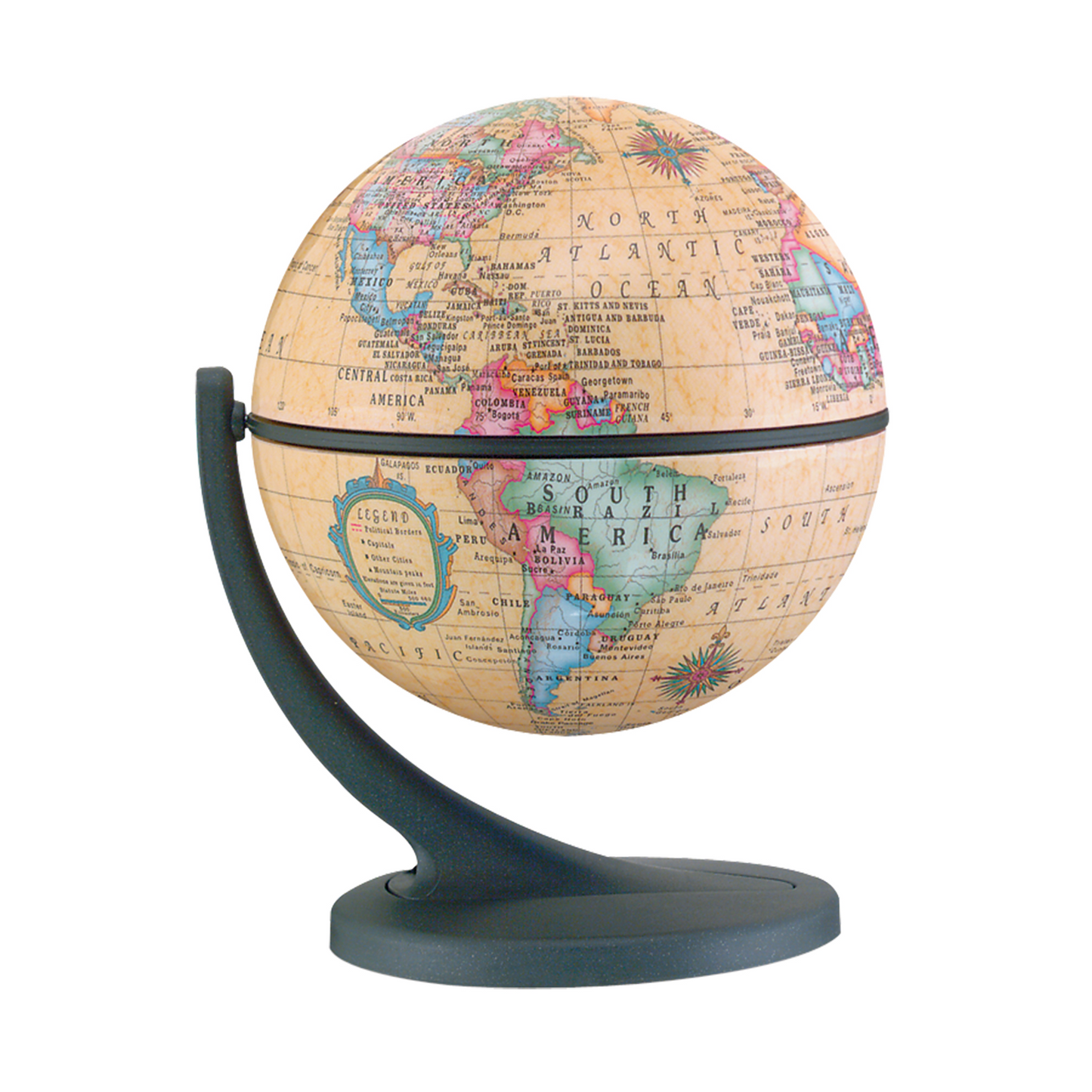 Replogle 4.3-inch antique ocean desk globe on a black stand showing the Americas.