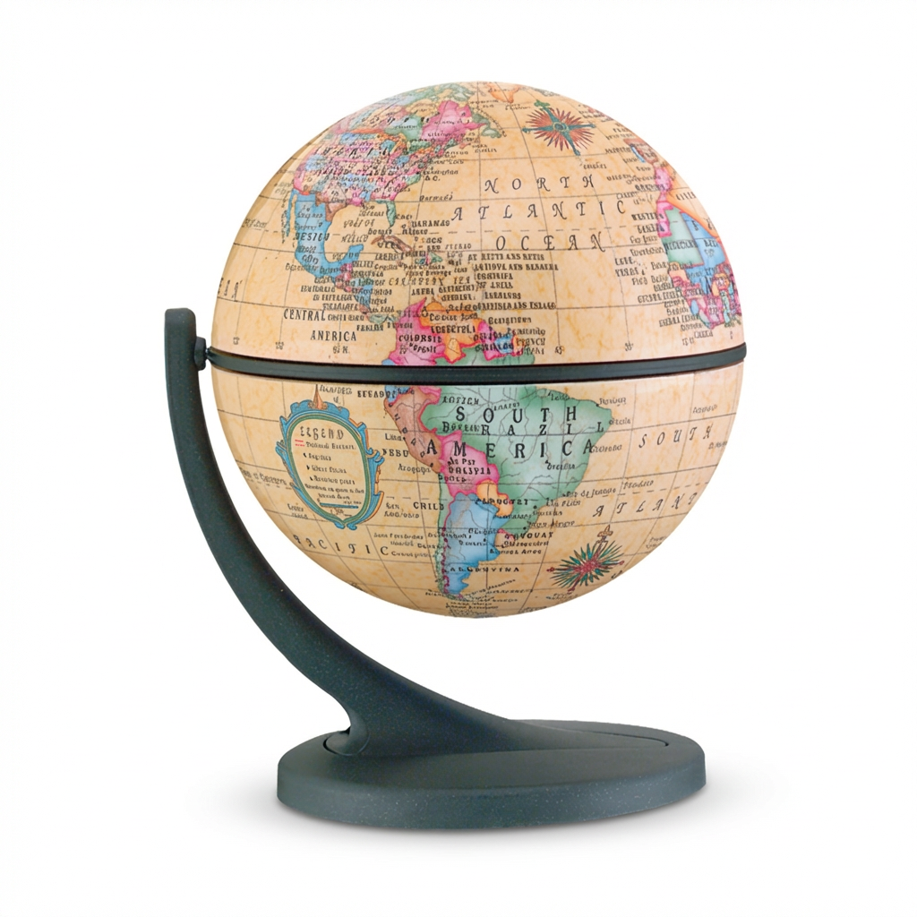 A photorealistic studio shot of the Replogle Wonderglobe antique ocean desk globe, angled to show the left side, on a pure white background with a soft shadow.