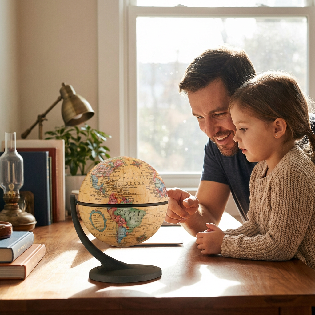 A father and daughter look at the Replogle Wonderglobe antique desk globe together.