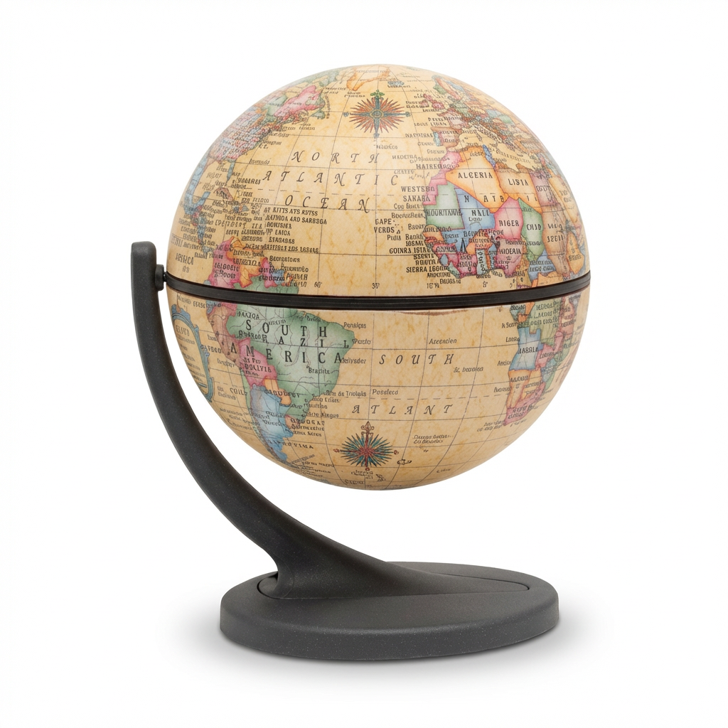 A studio photograph of the antique-style Replogle Wonderglobe on a dark grey stand, angled to show the right side, against a white background with a soft shadow.