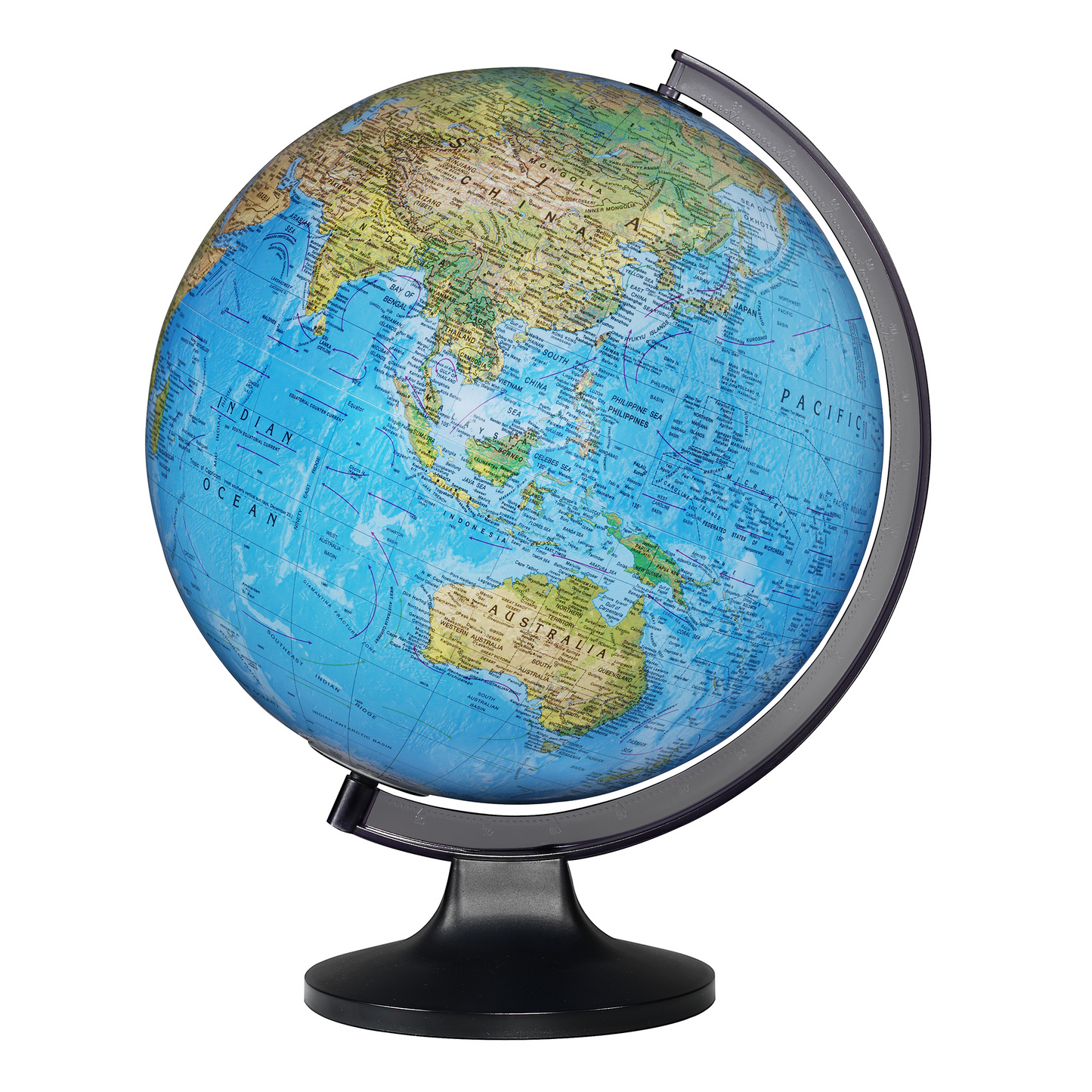 Copenhagen 12-inch illuminated desk globe with raised relief, showing Asia on a black stand.