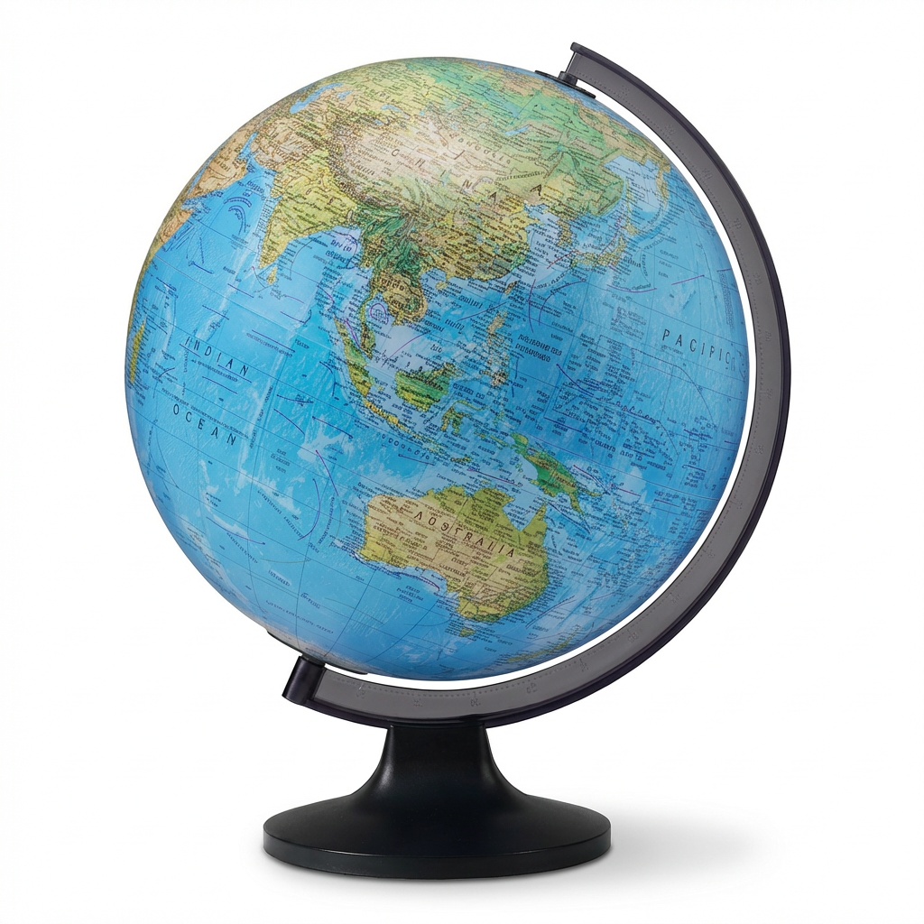 A studio photograph of the Replogle Copenhagen 12-inch blue ocean globe, angled left on a dark grey stand against a white background with a soft shadow.