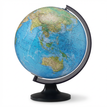 A studio photograph of the Replogle Copenhagen 12-inch blue ocean globe, angled left on a dark grey stand against a white background with a soft shadow.