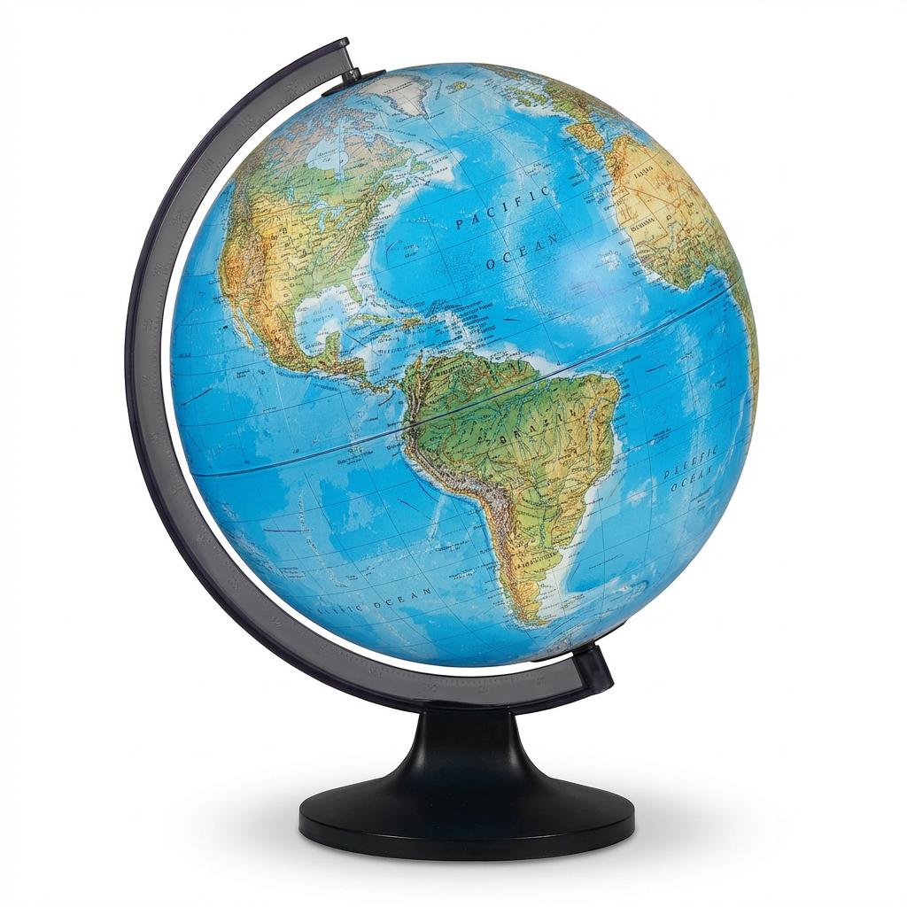 A studio product photograph of the Replogle Globes Copenhagen desk globe, angled to show the Americas. It has a blue ocean map and dark meridian/base, set against a pure white background with a soft shadow.