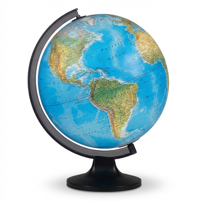 A studio product photograph of the Replogle Globes Copenhagen desk globe, angled to show the Americas. It has a blue ocean map and dark meridian/base, set against a pure white background with a soft shadow.
