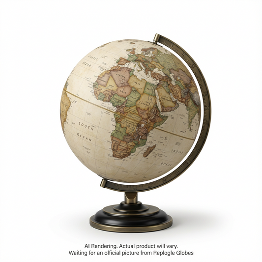 Antique-style 12-inch world globe featuring a raised relief map on a brass-finished metal stand.