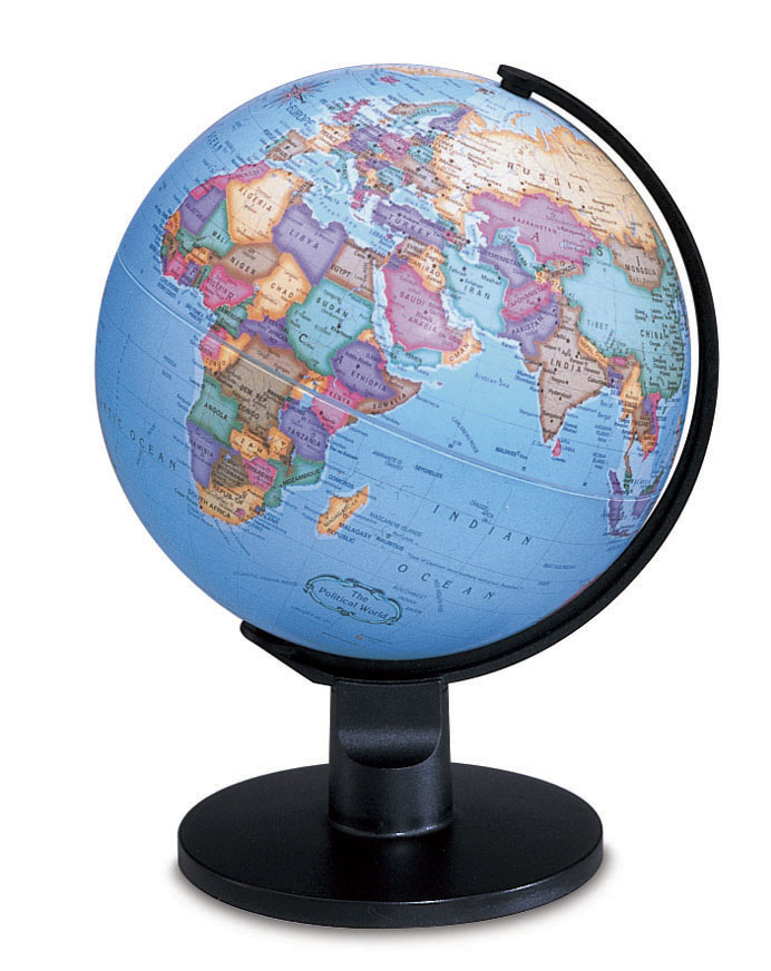 Replogle Trekker 6-inch blue ocean desk globe with a colorful political map and black stand.