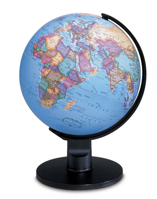 Replogle Trekker 6-inch blue ocean desk globe with a colorful political map and black stand.