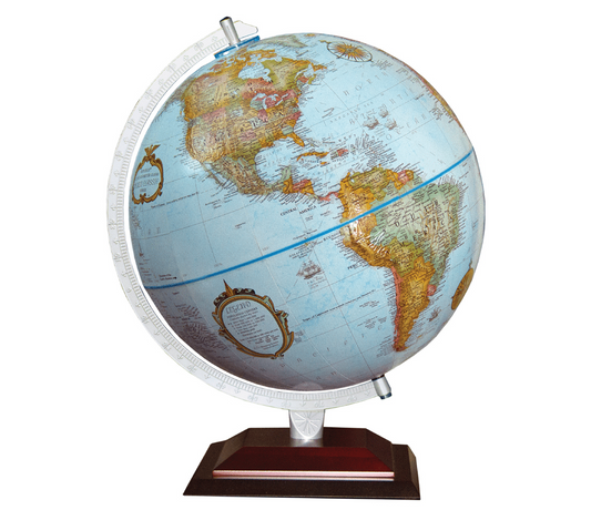 12-inch Blue Ocean Raised Relief Explorer Globe showing North and South America on a wooden base.