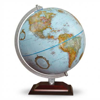 A photorealistic studio photograph of the Replogle 12"/30cm Blue Ocean Desk Globe with a dark wood stand and die-cast semi -meridian, angled to show the left side and North America, on a pure white background with a soft shadow.