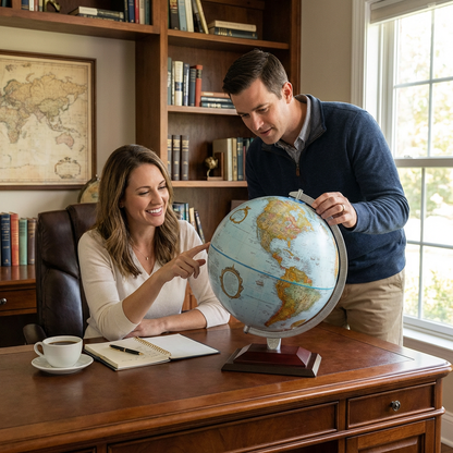 A couple in a home office looks at the Replogle desk globe, which sits on the wooden desk.