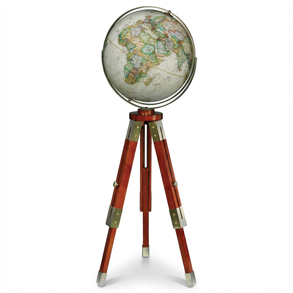 A studio photograph of the Replogle Eaton III globe on a wooden tripod stand, angled to the right on a white background with a soft shadow.