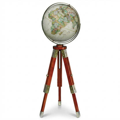 A studio photograph of the Replogle Eaton III globe on a wooden tripod stand, angled to the right on a white background with a soft shadow.