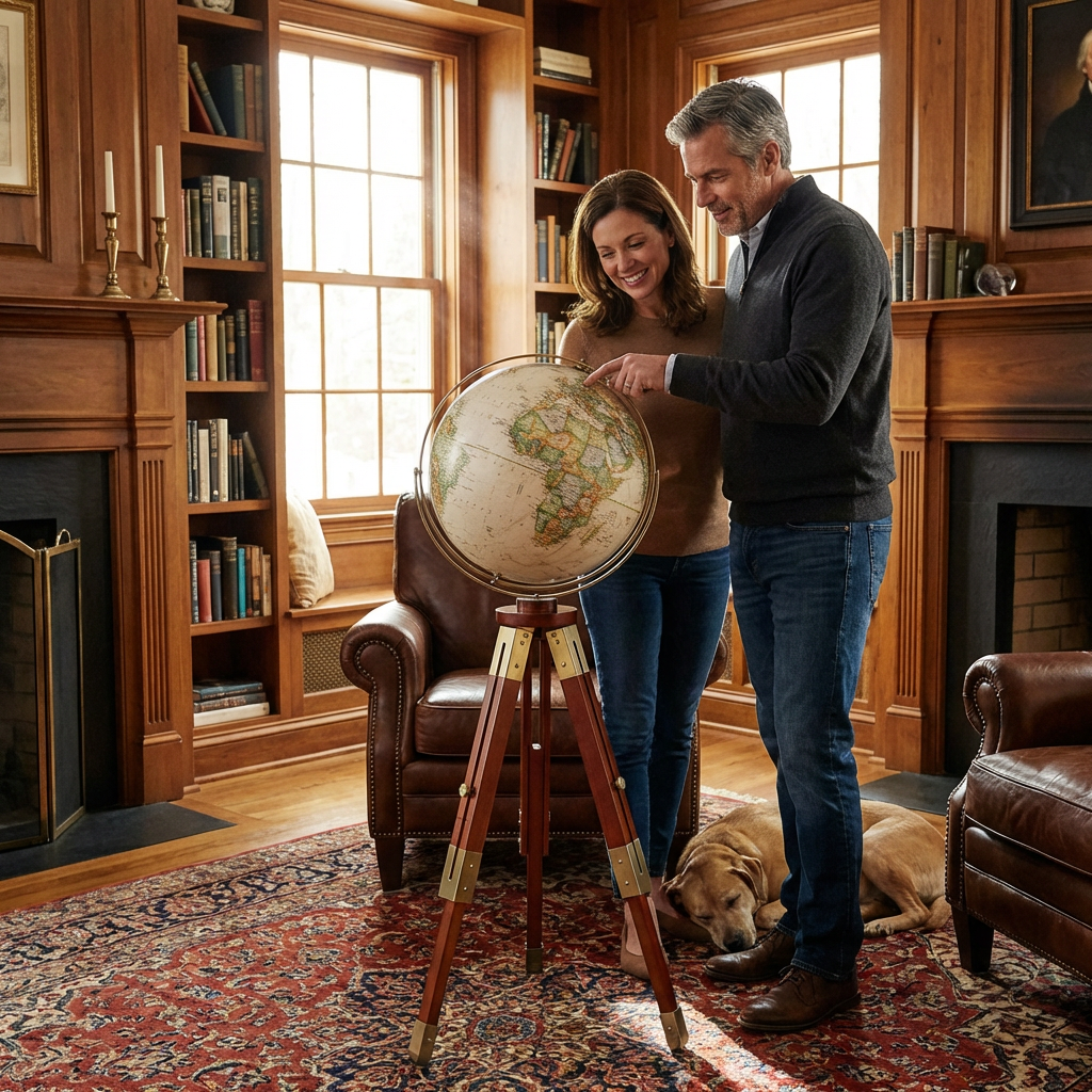 A couple examines the Replogle National Geographic Eaton III floor globe in a warm library setting.