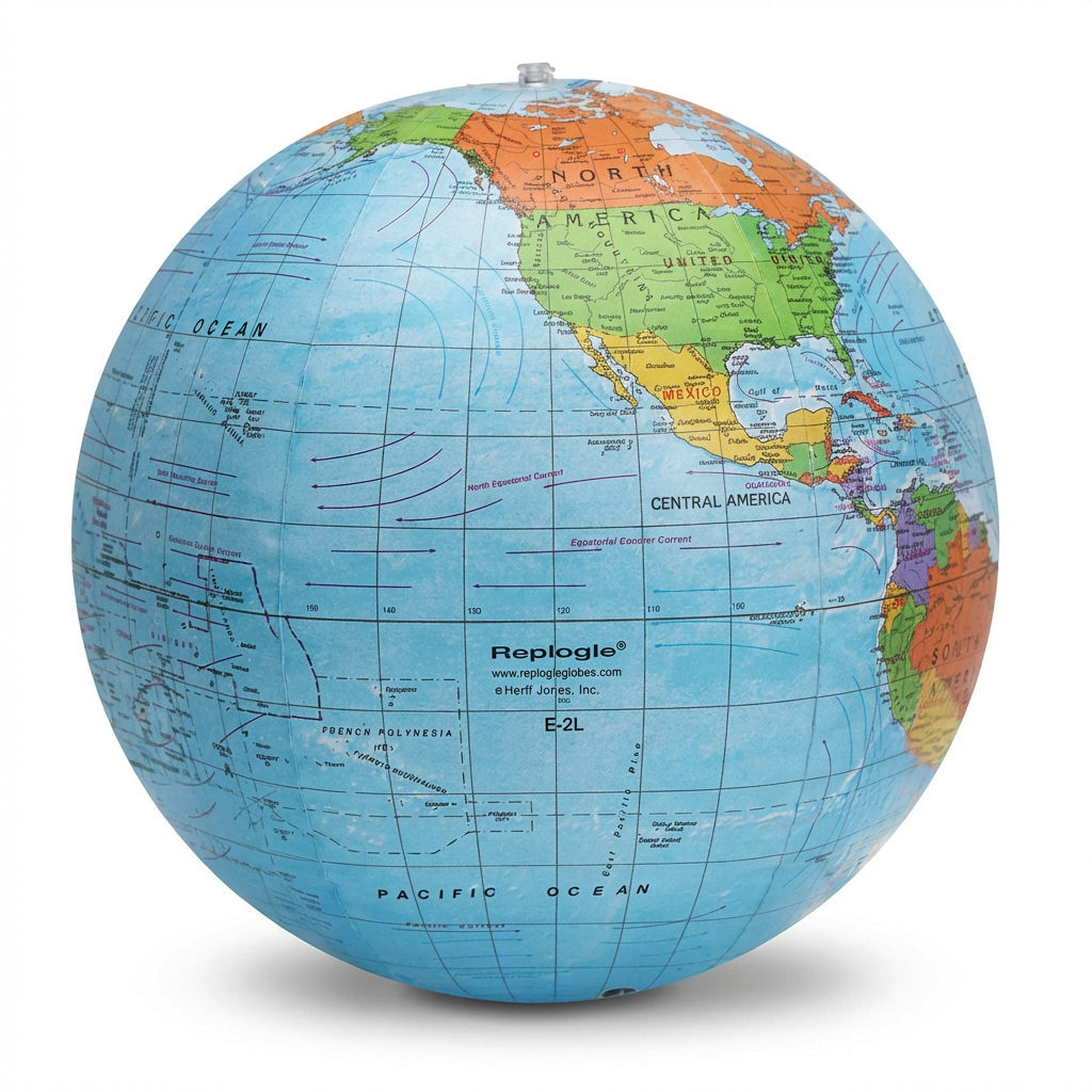 Studio product photo of the 16-inch Replogle inflatable political globe on a white background, angled left.
