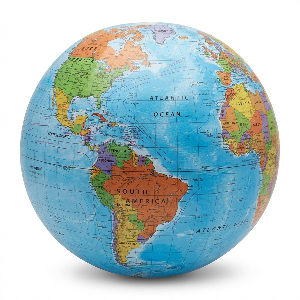 A photorealistic studio product photo of the Replogle inflatable blue ocean globe, angled to show the right side with South America and Africa, centered on a white background with a soft shadow.