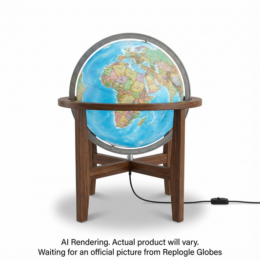 Austin 12-inch illuminated blue desktop globe with silver meridian and four-legged wooden stand.