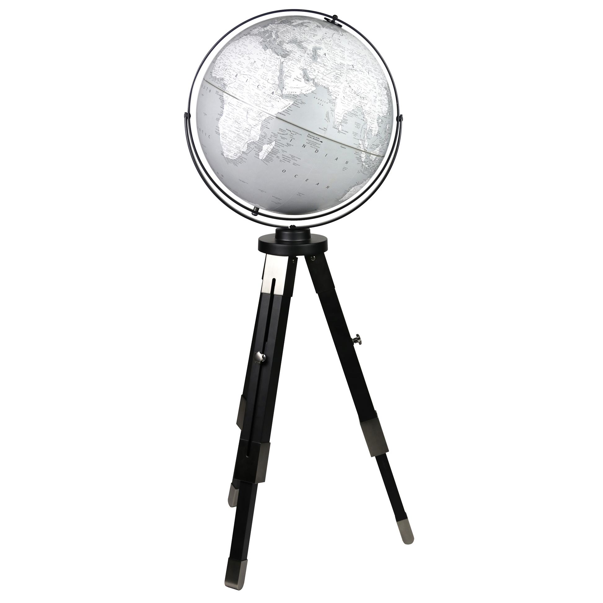 16-inch gray ocean floor globe on a modern black tripod stand with metal accents.
