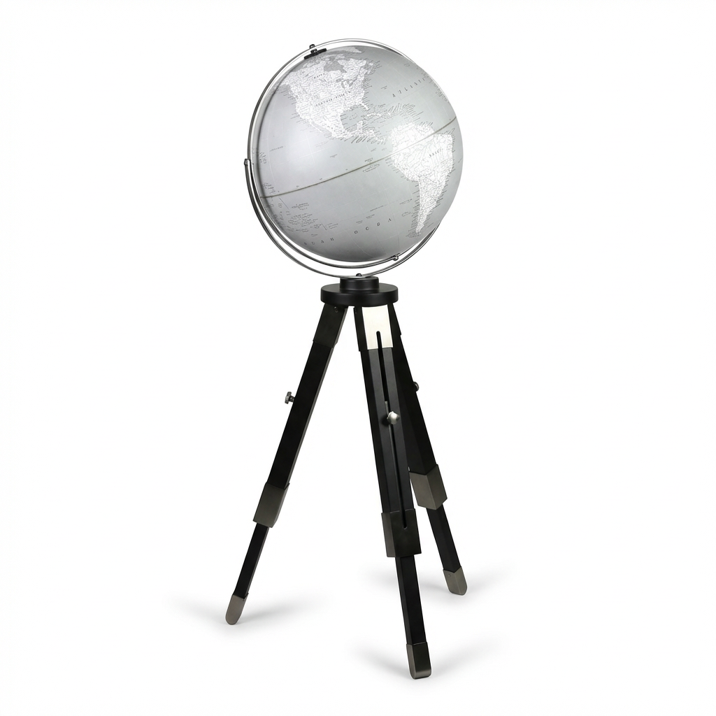 A photorealistic studio shot of the Replogle Willston globe on a black tripod stand, angled left on a white background with a soft shadow.