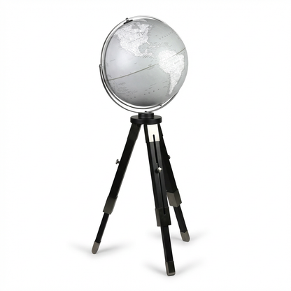 A photorealistic studio shot of the Replogle Willston globe on a black tripod stand, angled left on a white background with a soft shadow.