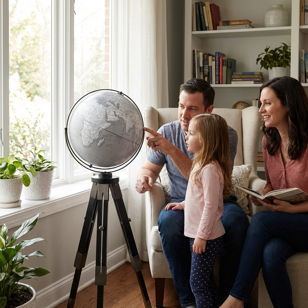 A lifestyle photograph showing a family of three using the Replogle Willston gray ocean floor globe on its black tripod stand in a sunlit home library.