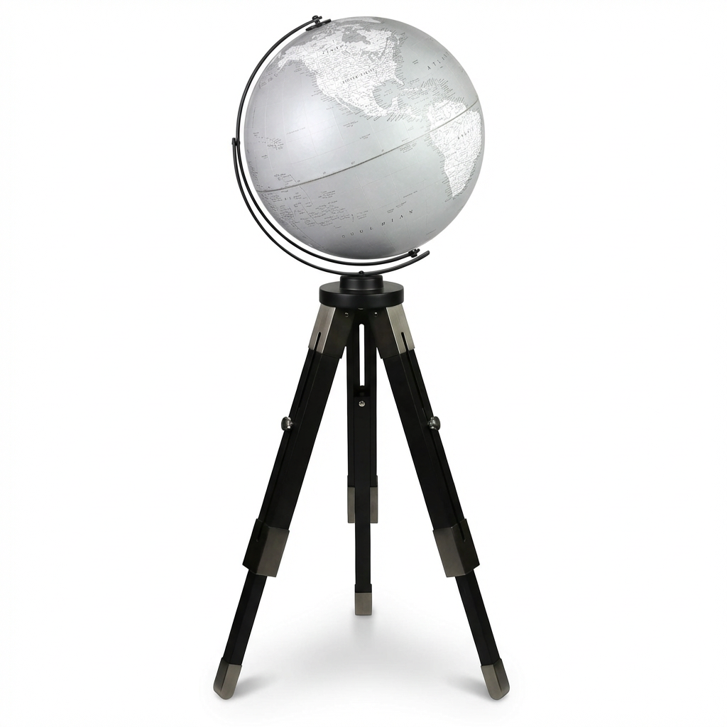 A photorealistic studio product photo of the Replogle Globes Willston, angled to show the right side, on a pure white background with a soft shadow.