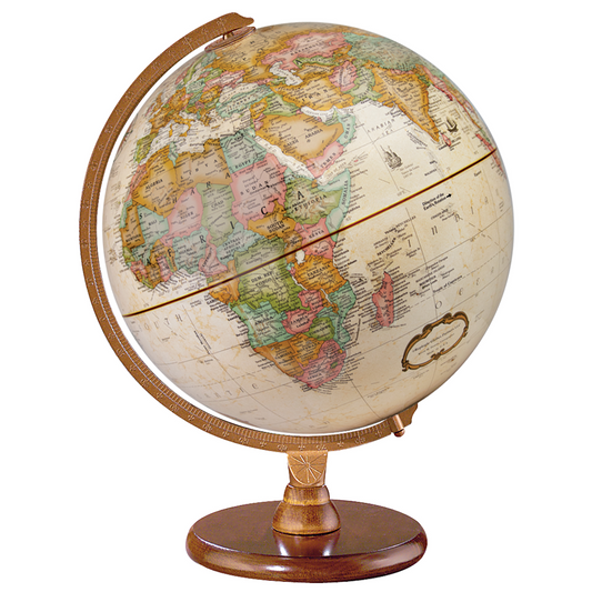 Hastings 12-inch antique ocean desk globe with raised relief, bronze meridian, and wood base.