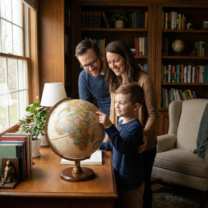 A family of three, including a child, explores the Replogle Globes Hastings globe on a desk in a sunlit home library.