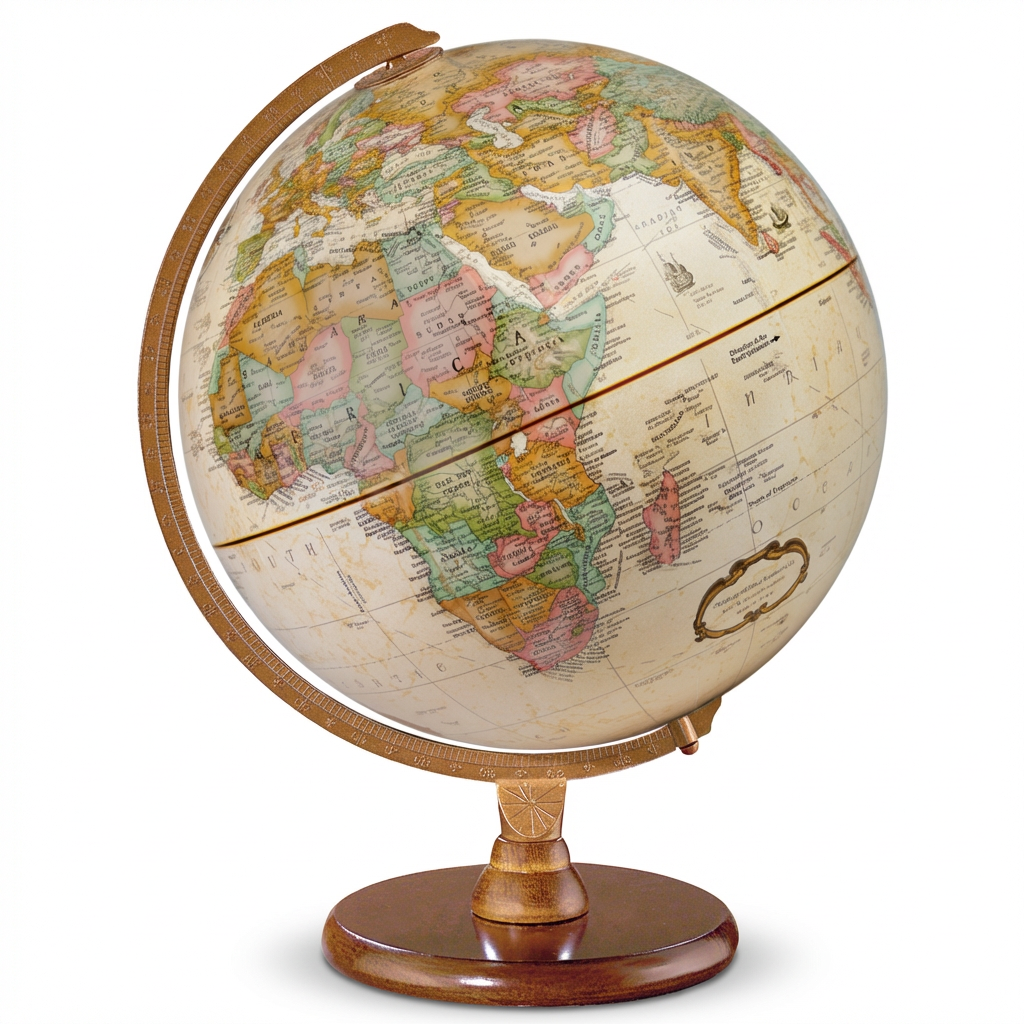 A photorealistic studio photograph of the antique-style Replogle Globes Hastings Globe, angled to the right on a pure white background with a soft shadow.