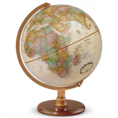 A photorealistic studio photograph of the antique-style Replogle Globes Hastings Globe, angled to the right on a pure white background with a soft shadow.