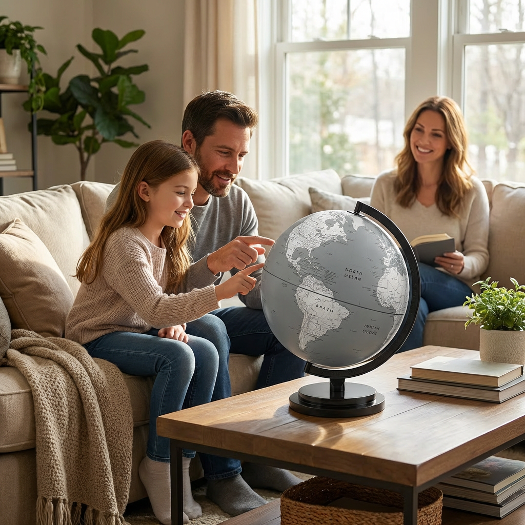 A family of three interacts with the Replogle Globes DUBLIN Gray on their coffee table in a sunlit living room.