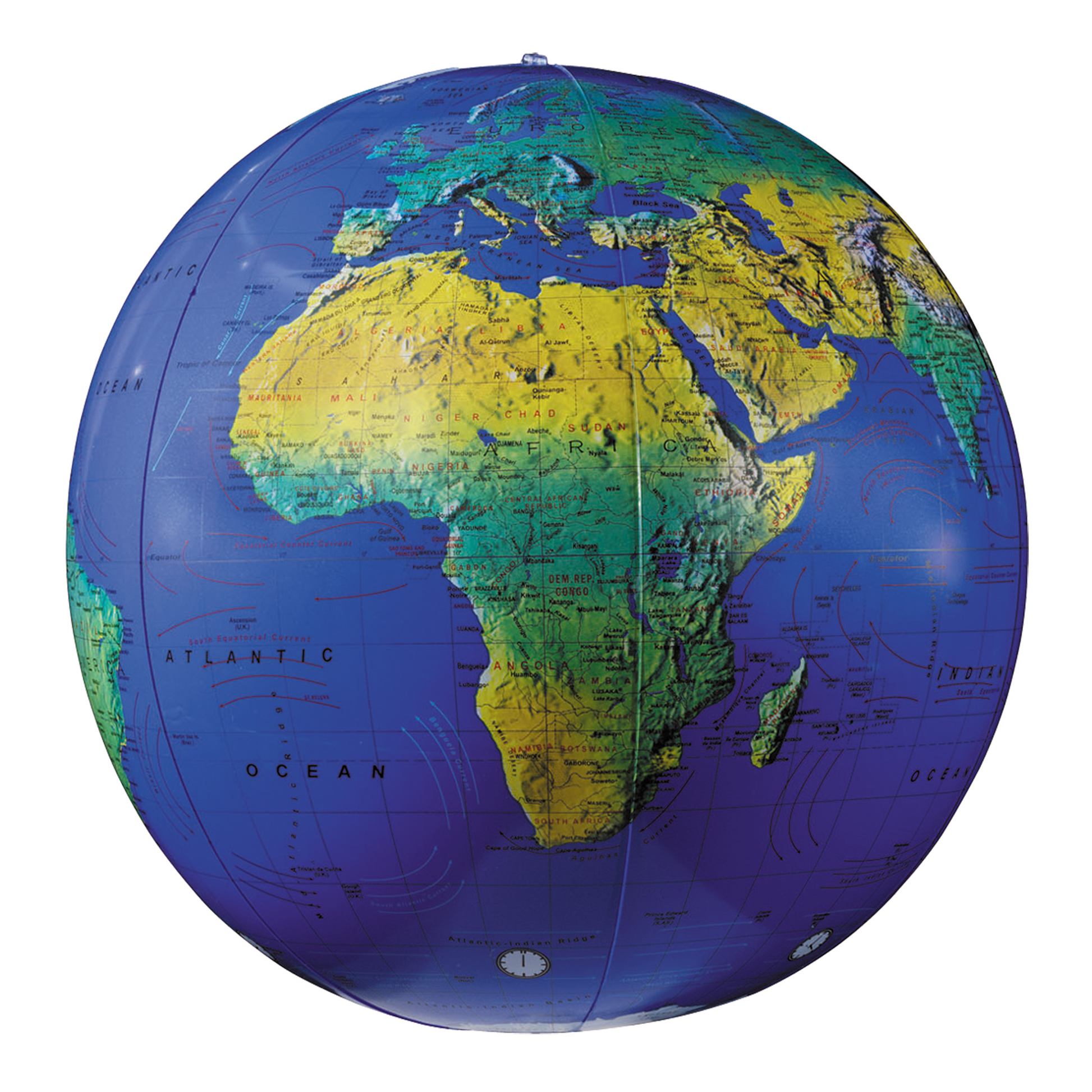 12-inch inflatable world globe featuring a topographical map with blue oceans and continents.
