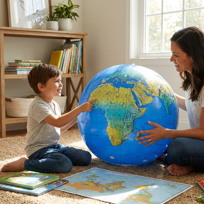 A mother and young son sit on a rug in a sunlit living room, exploring the Replogle inflatable globe together. The boy points to the globe.