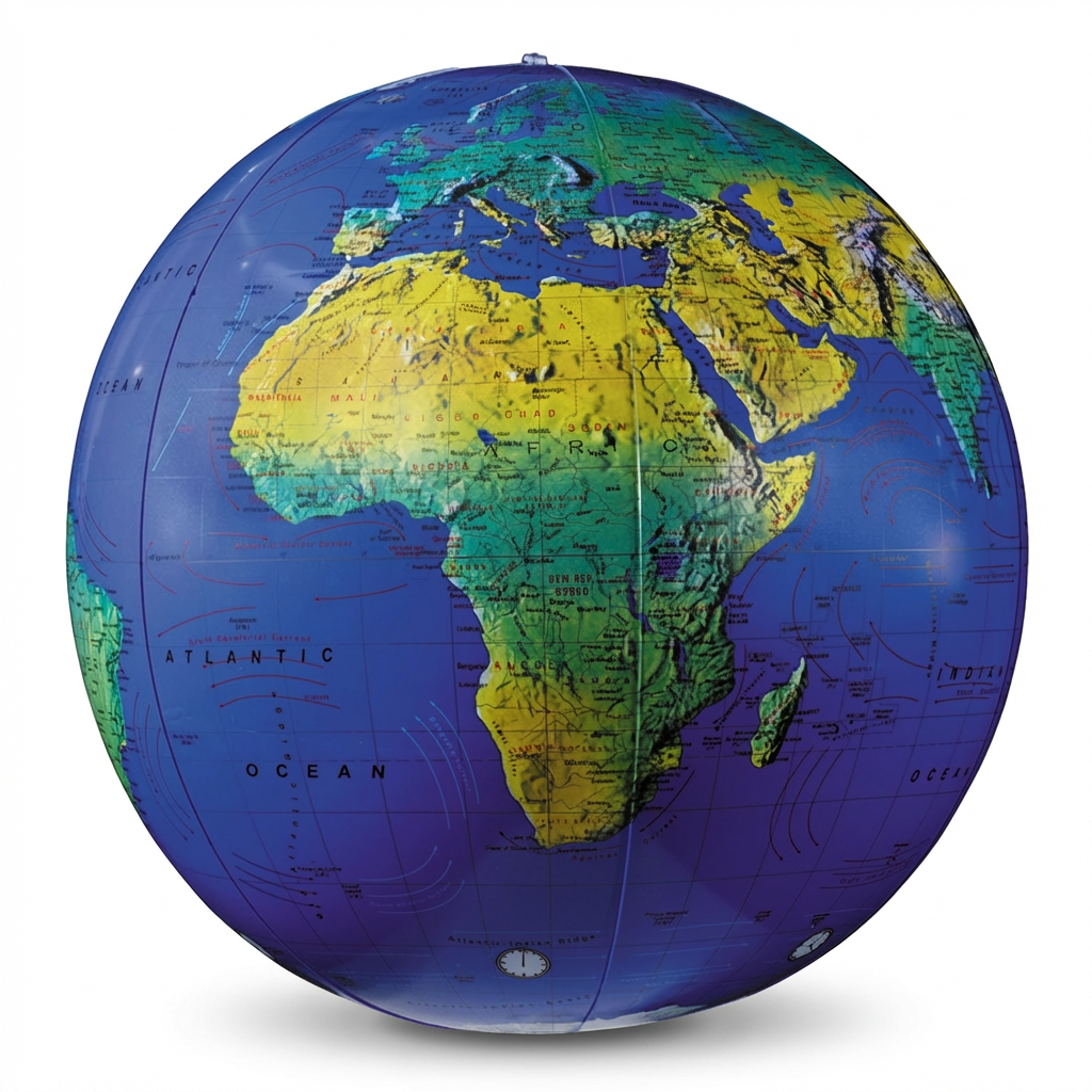 A photorealistic studio product photograph of the Replogle Inflatable Blue Ocean Globe, showing its topographical map and angled to emphasize the right side, centered on a pure white background with a soft natural shadow.