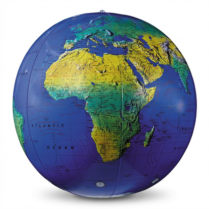 A photorealistic studio product photograph of the Replogle Inflatable Blue Ocean Globe, showing its topographical map and angled to emphasize the right side, centered on a pure white background with a soft natural shadow.